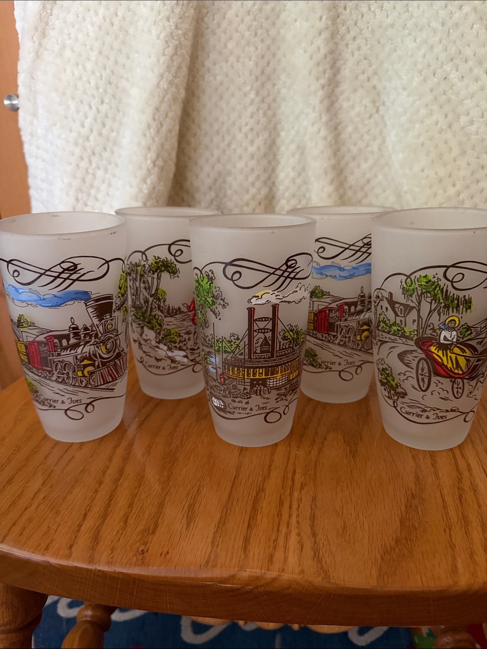 Vintage Currier & Ives Frosted Glass Drinkware  Scenic Train & Riverboat Prints